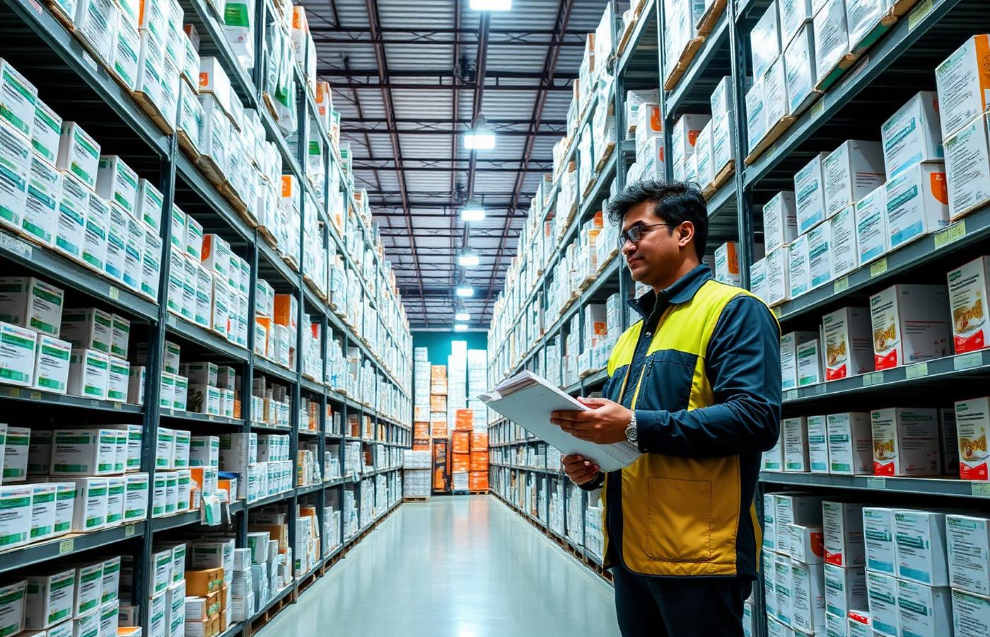 Pharmaceutical distribution warehouse stocked with medicine cartons